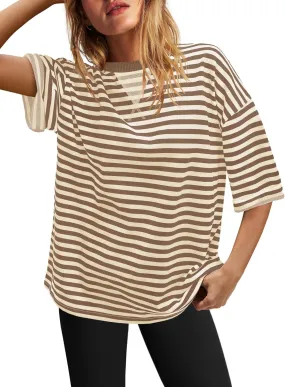 SENSERISE Womens Summer Tops Short Sleeve Sweatshirt Crewneck Striped T Shirt Oversized Basic Tees Casual Loose Fit