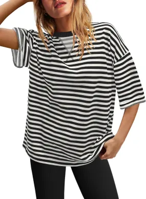 SENSERISE Womens Summer Tops Short Sleeve Sweatshirt Crewneck Striped T Shirt Oversized Basic Tees Casual Loose Fit