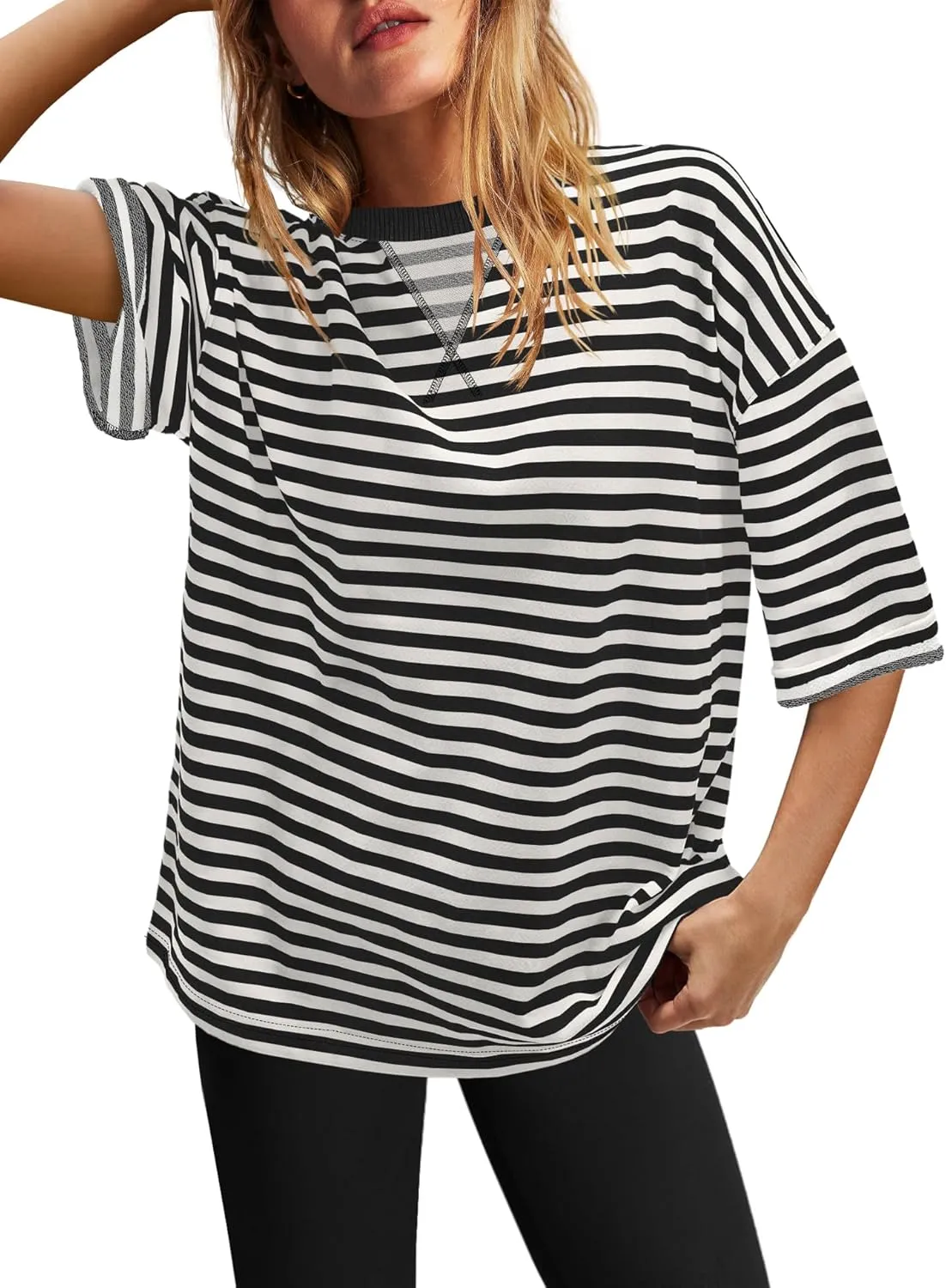 SENSERISE Womens Summer Tops Short Sleeve Sweatshirt Crewneck Striped T Shirt Oversized Basic Tees Casual Loose Fit