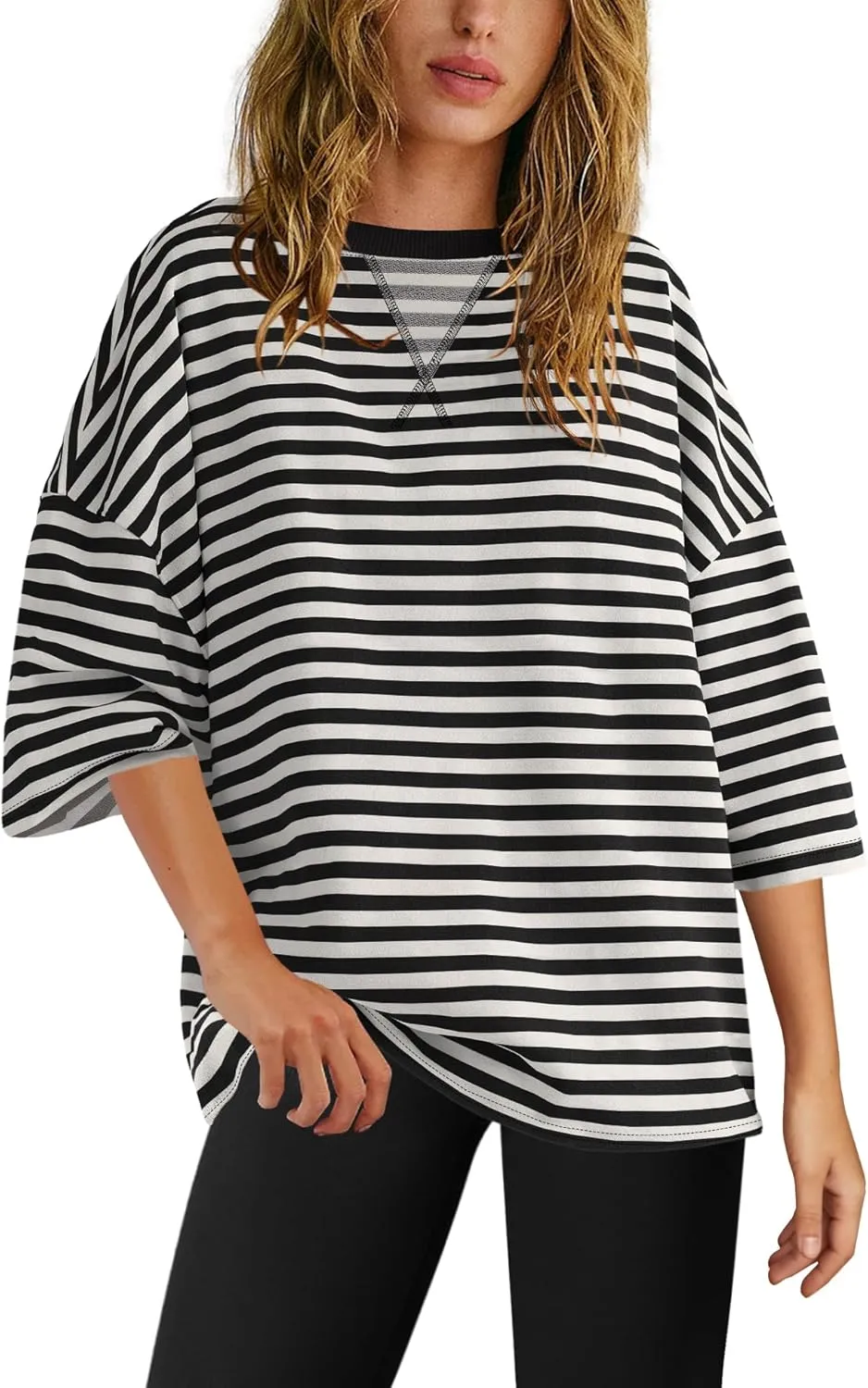 SENSERISE Womens Summer Tops Short Sleeve Sweatshirt Crewneck Striped T Shirt Oversized Basic Tees Casual Loose Fit