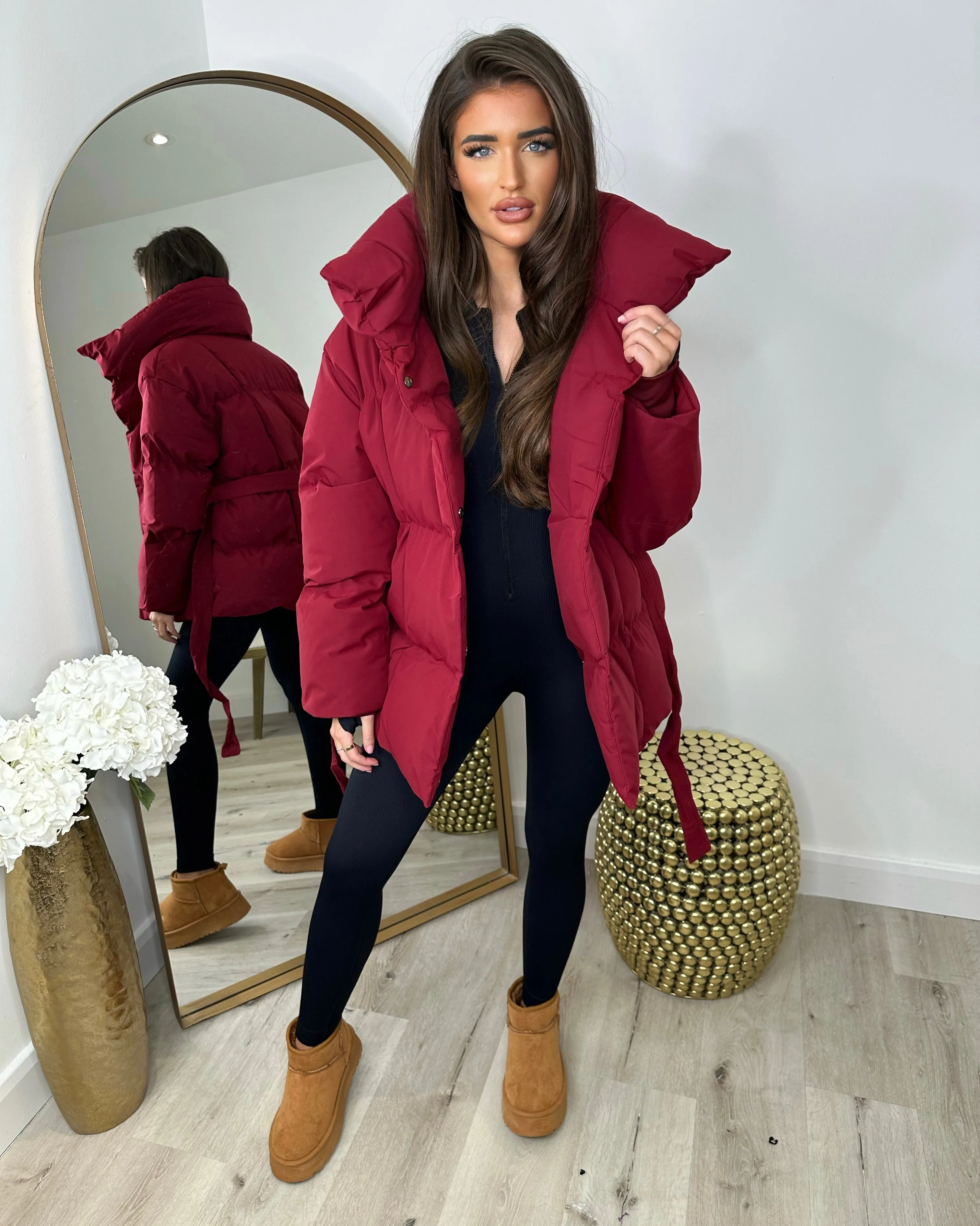 Sophie Short Belted Padded Duvet Coat - Burgundy