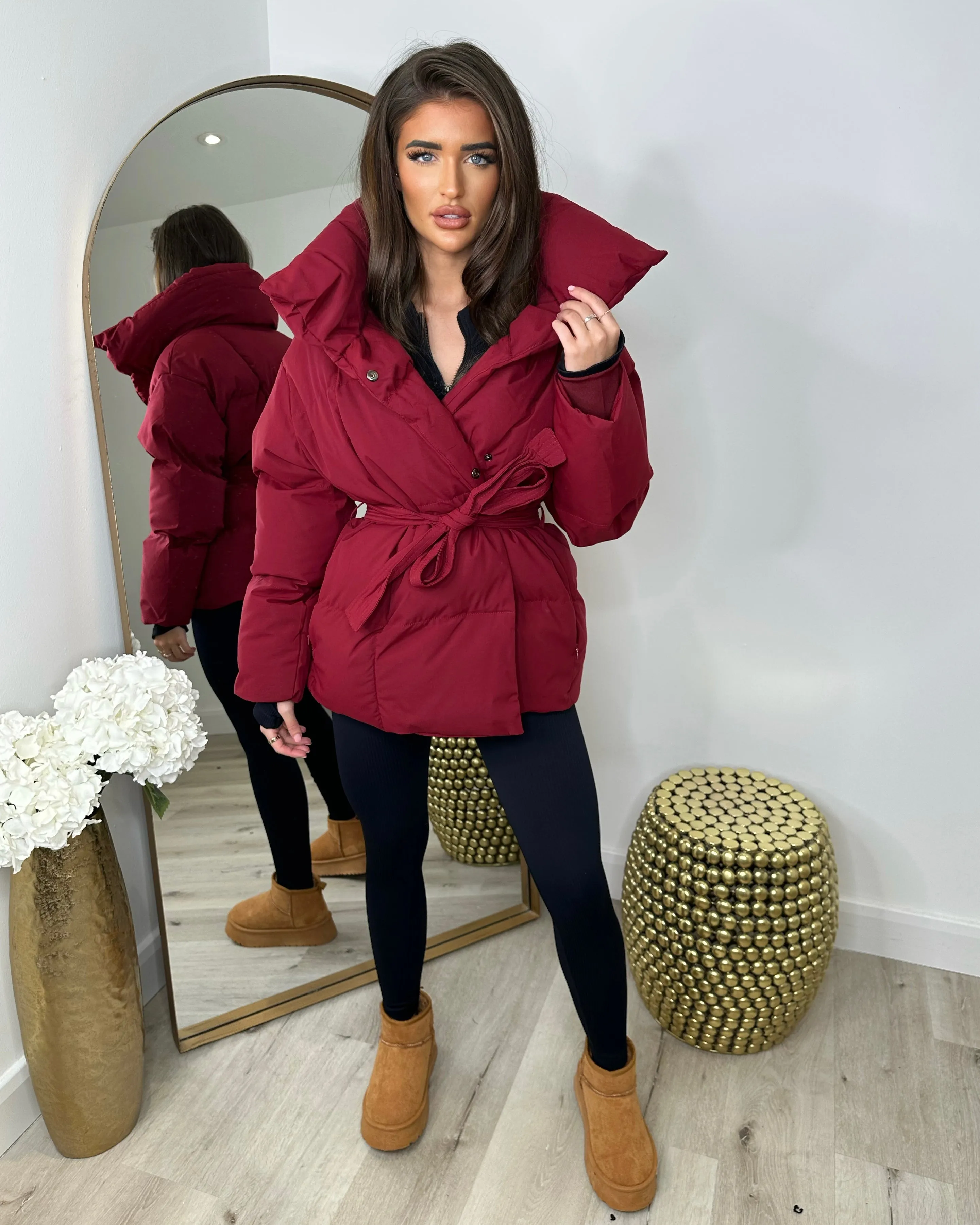 Sophie Short Belted Padded Duvet Coat - Burgundy