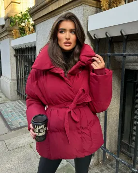 Sophie Short Belted Padded Duvet Coat - Burgundy