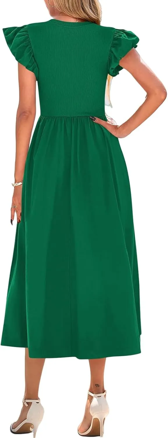 Summer Dresses for Women 2025 Puff Sleeve High Waist Crewneck Ruffle Maxi Dress Swing Flowy Dresses Sundress