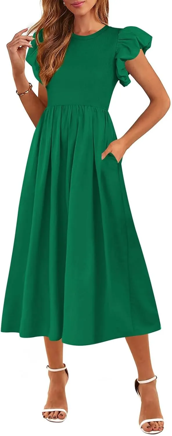Summer Dresses for Women 2025 Puff Sleeve High Waist Crewneck Ruffle Maxi Dress Swing Flowy Dresses Sundress