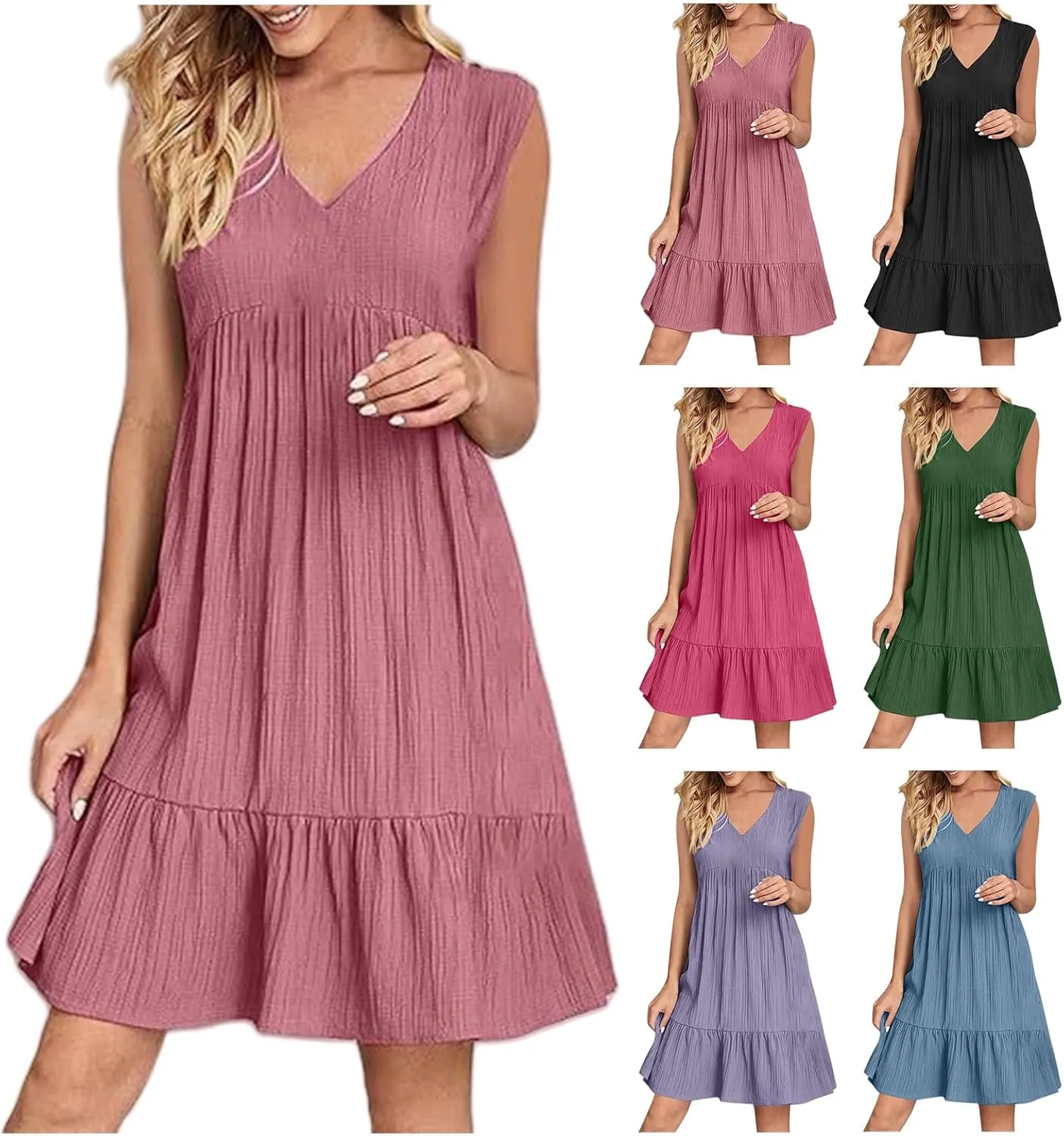 Summer Dresses for Women 2025 Sleeveless V Neck Mini Dresses Casual Swing Flowy Tiered Ruffle A Line Dress Boho Sundress