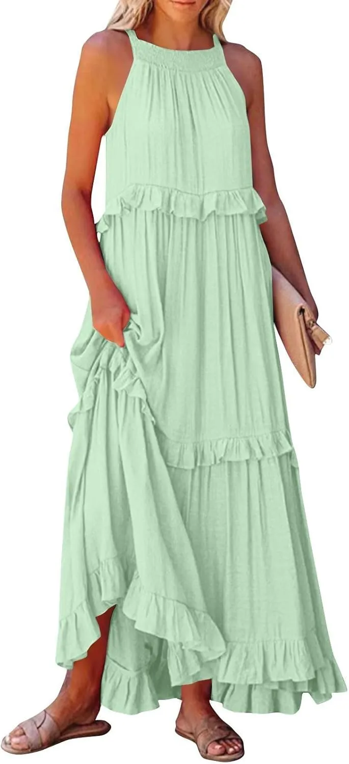 Summer Dresses for Women 2025 Sundress Sleeveless Crewneck Ruffle Hem Dress Beach Vacation Flowy Swing Dress