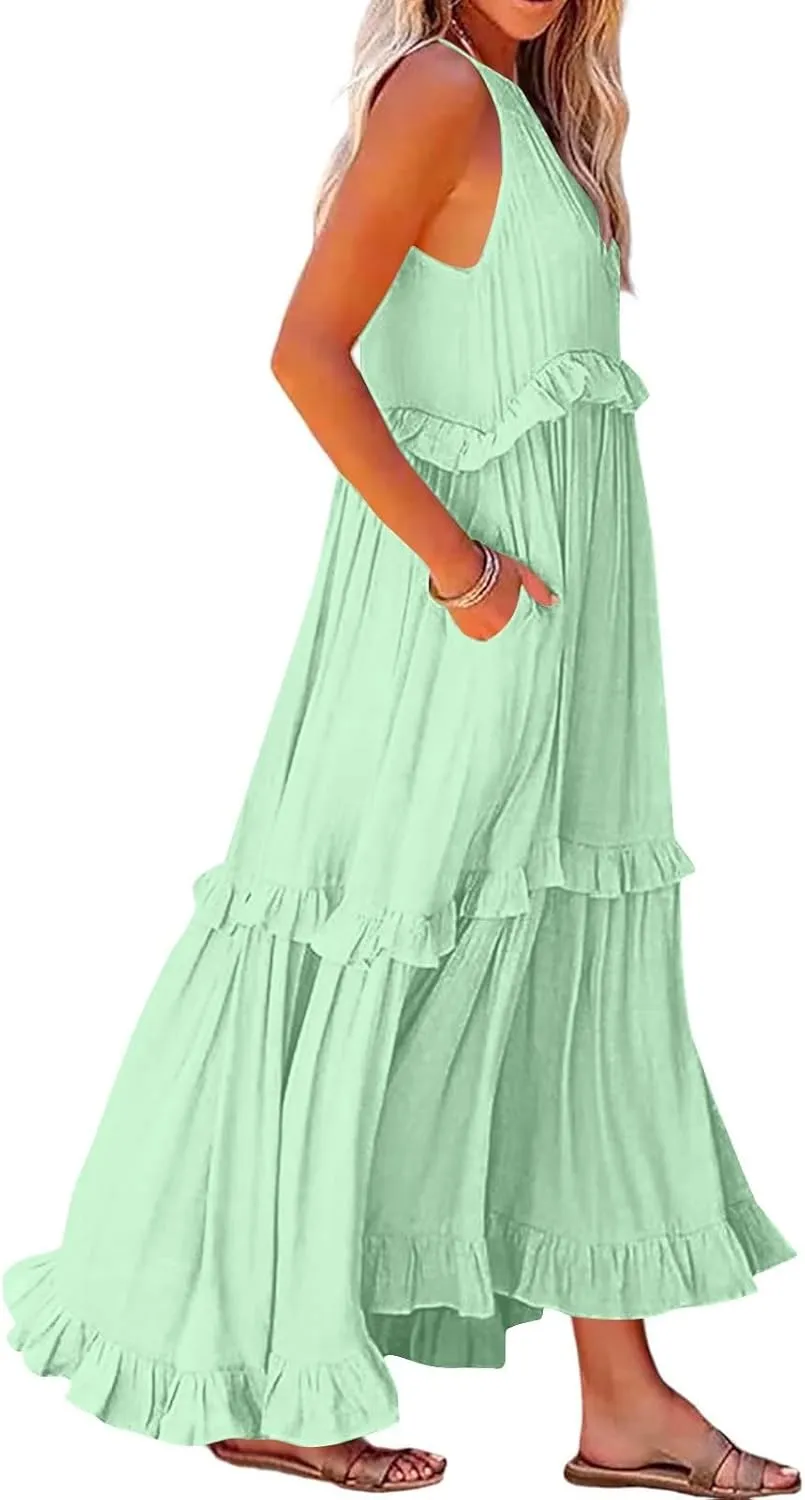 Summer Dresses for Women 2025 Sundress Sleeveless Crewneck Ruffle Hem Dress Beach Vacation Flowy Swing Dress