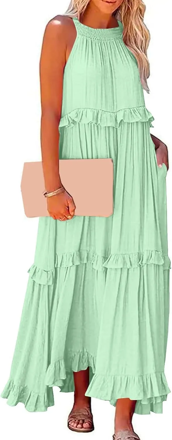 Summer Dresses for Women 2025 Sundress Sleeveless Crewneck Ruffle Hem Dress Beach Vacation Flowy Swing Dress