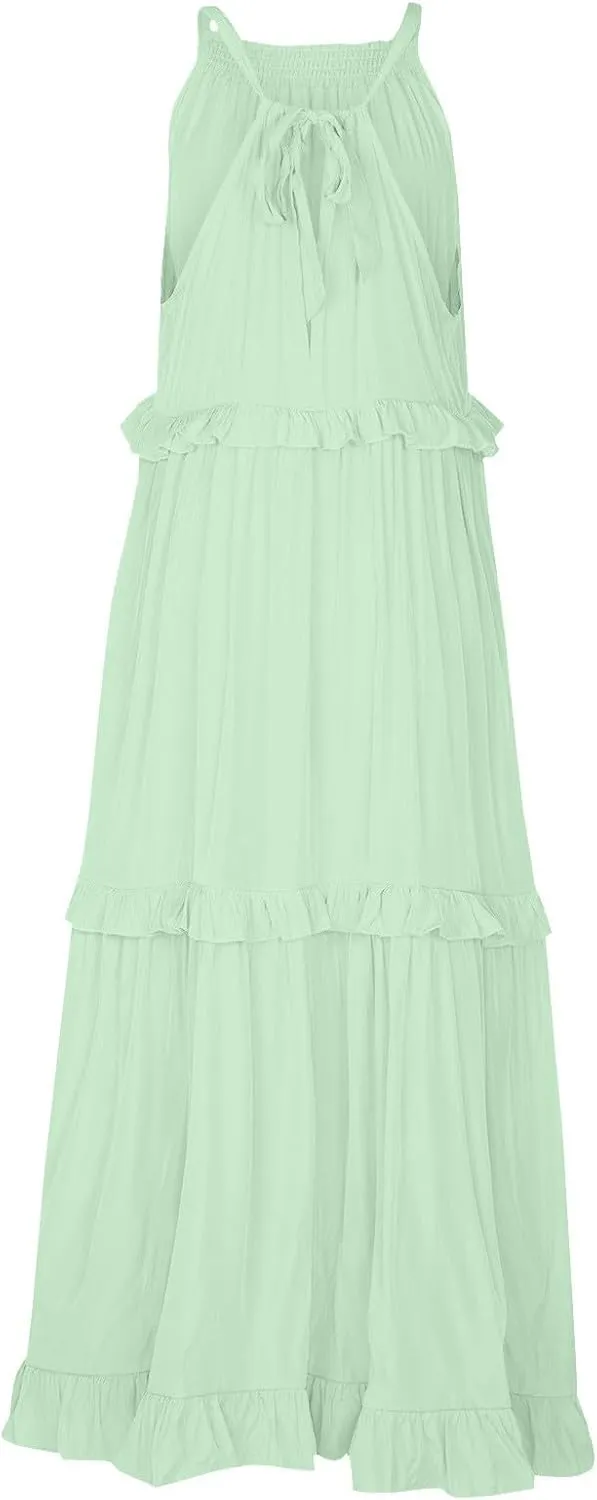 Summer Dresses for Women 2025 Sundress Sleeveless Crewneck Ruffle Hem Dress Beach Vacation Flowy Swing Dress