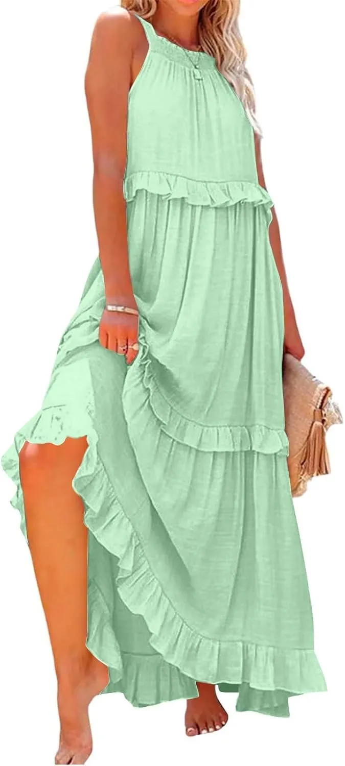Summer Dresses for Women 2025 Sundress Sleeveless Crewneck Ruffle Hem Dress Beach Vacation Flowy Swing Dress