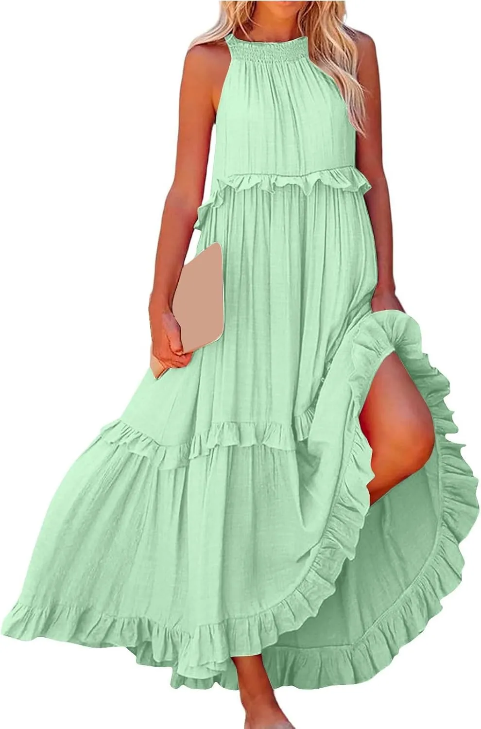 Summer Dresses for Women 2025 Sundress Sleeveless Crewneck Ruffle Hem Dress Beach Vacation Flowy Swing Dress