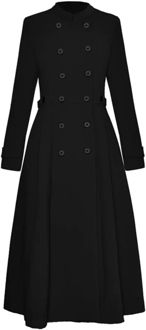 Women Black Vintage Trench Coat Stand Collar Double Breasted High Waist Slim Long Trench Coat