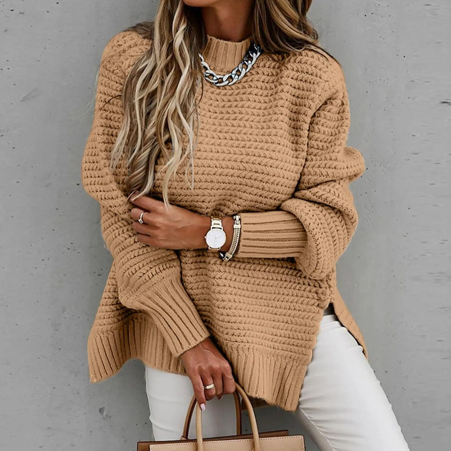 Women Dressy Oversized Pullover Sweater Turtle Neck Side Slit Pullover Solid Casual Loose Sweater Chunky Jumper Tops