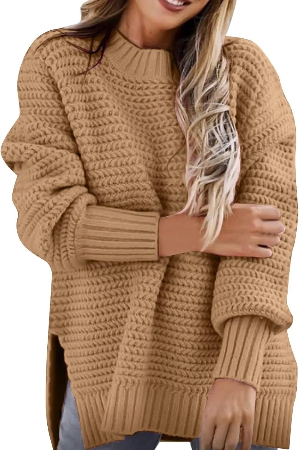 Women Dressy Oversized Pullover Sweater Turtle Neck Side Slit Pullover Solid Casual Loose Sweater Chunky Jumper Tops