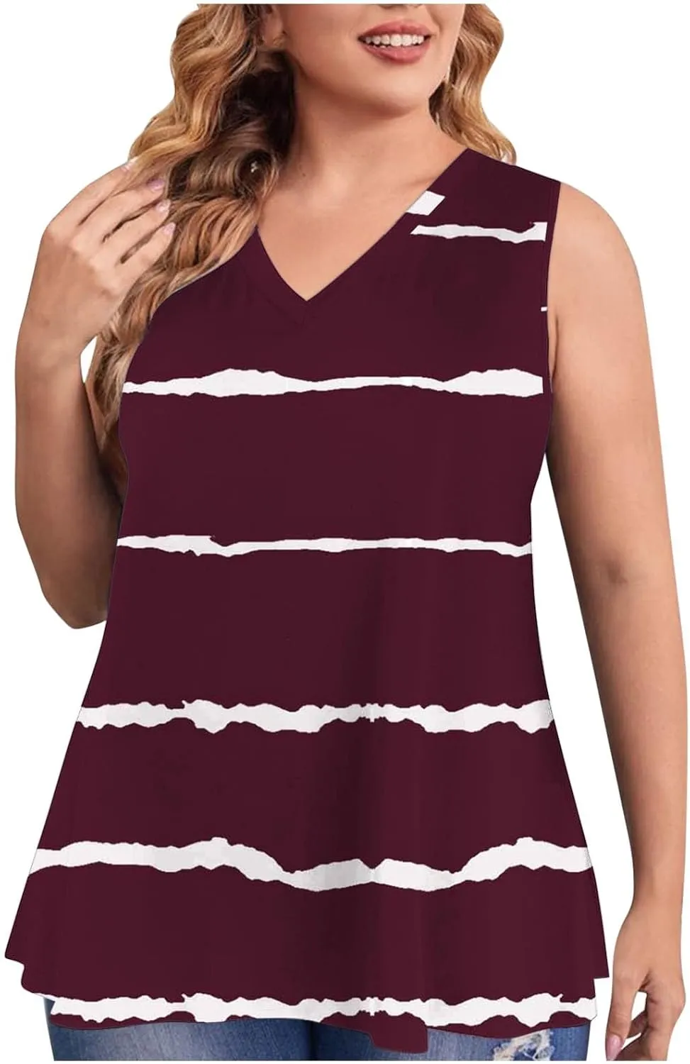 Women Plus Size Tank Tops Fashion V Neck Striped Print Sleeveless Tunic Top Casual Loose Fit Lightweight Tee Shirts