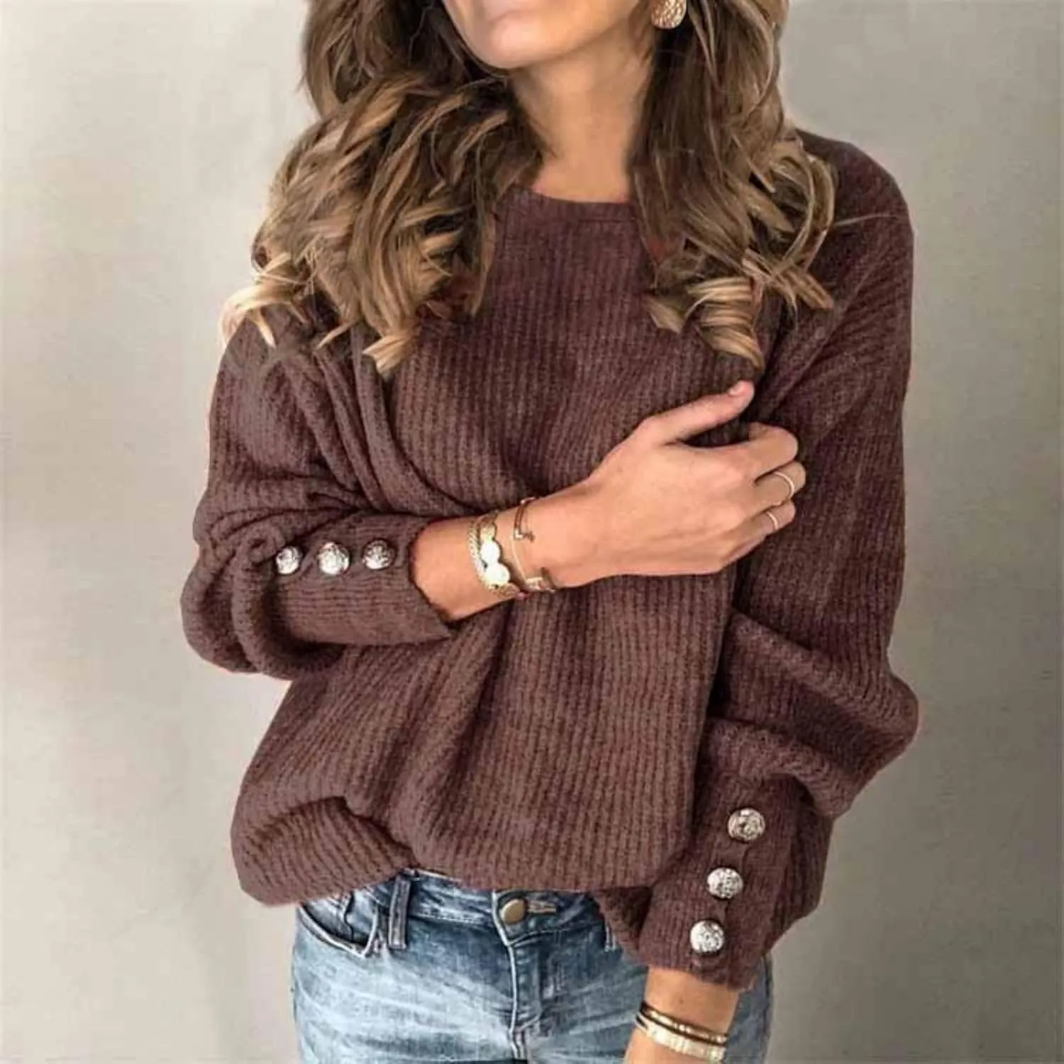 Womens Cable Knitted Sweaters Crewneck Chunky Pullover Long Sleeve Slouchy Casual Jumper Loose Fit Button Deco Tops