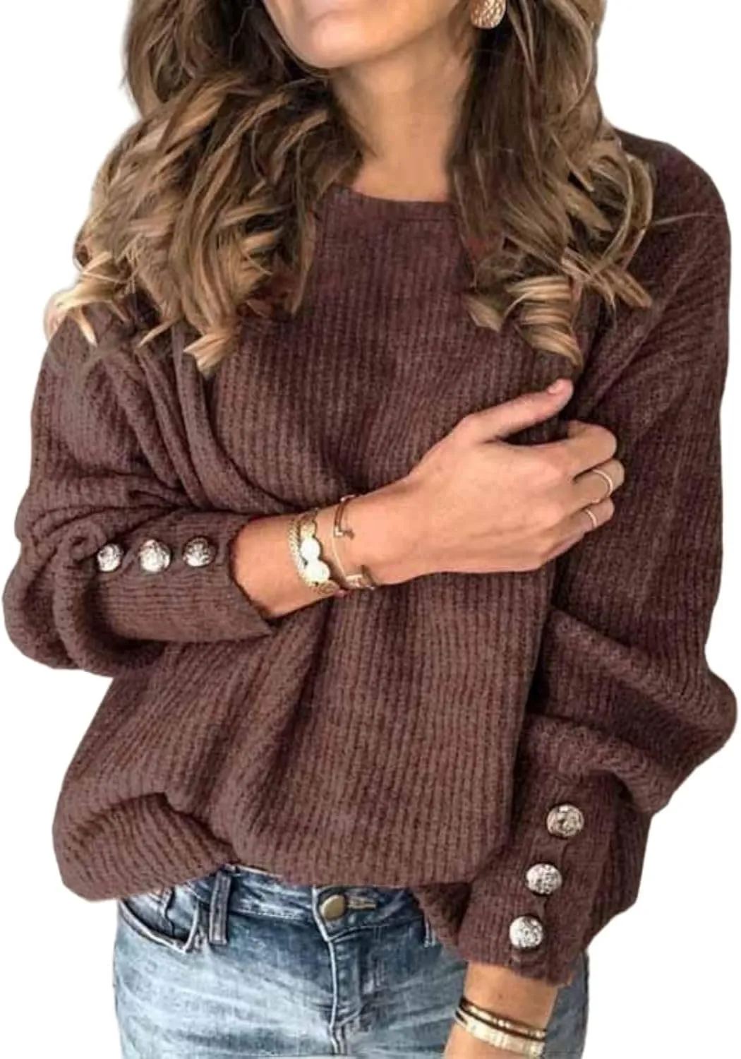 Womens Cable Knitted Sweaters Crewneck Chunky Pullover Long Sleeve Slouchy Casual Jumper Loose Fit Button Deco Tops