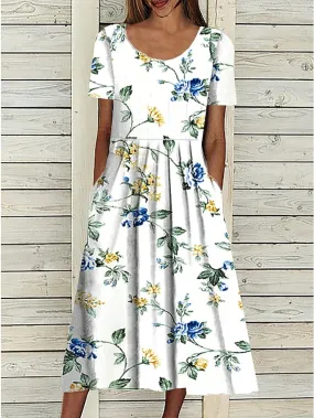 Women's Casual Dress Midi Dress White Blue Green Short Sleeve Floral Ruched Summer Spring Crew Neck Basic Loose Fit 2023 S M L XL XXL 3XL