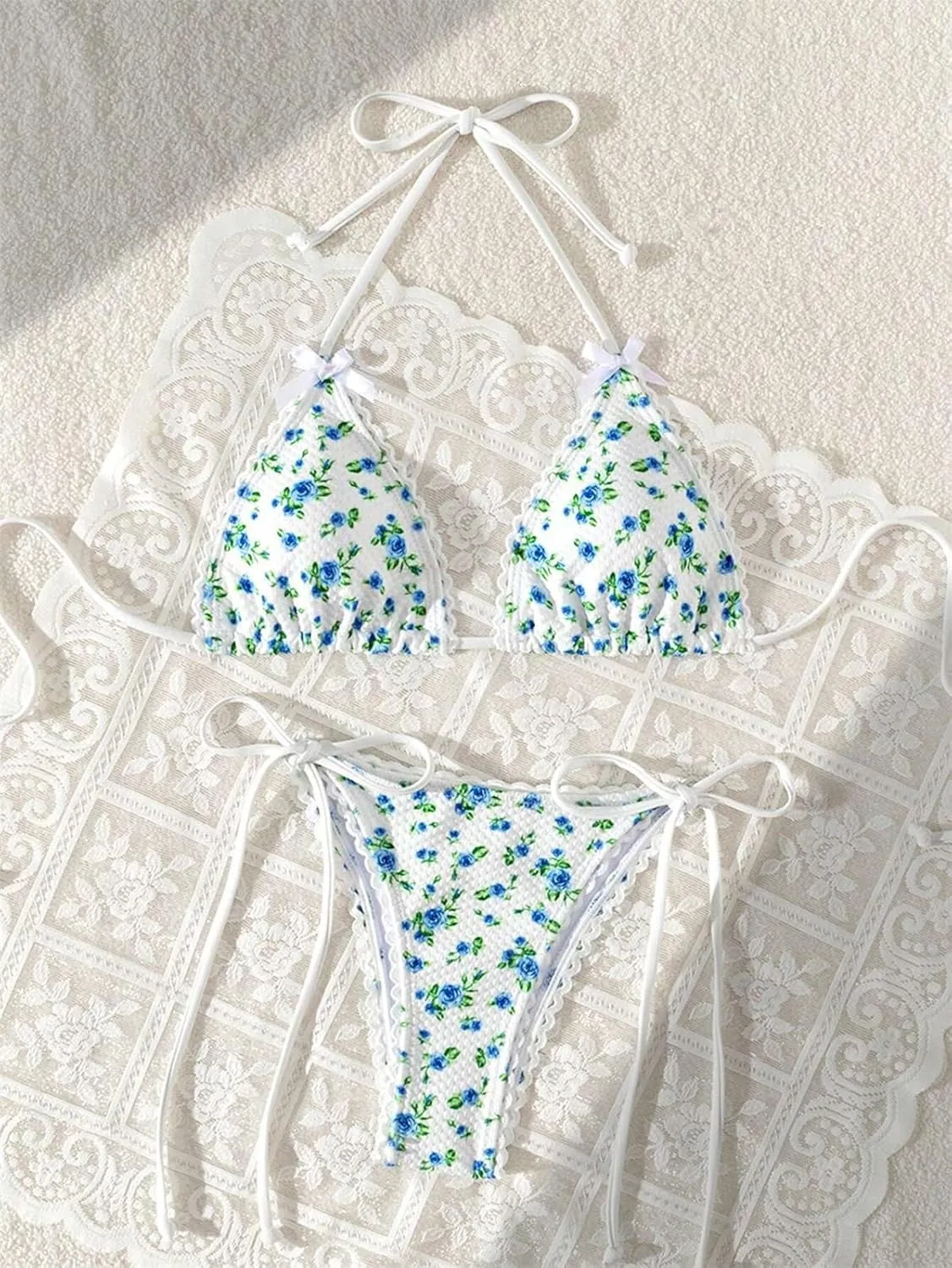 Women's Halter Bikini Sets Polka Dot Frilled Ruffles Triangle Tie Side Bikini Swimsuit Two Piece Bathing Suits