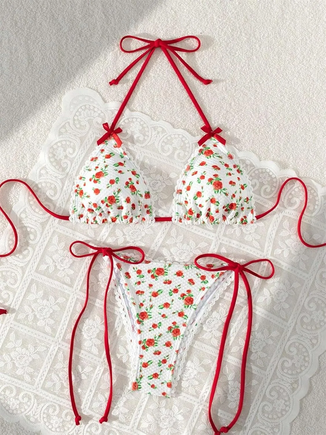 Women's Halter Bikini Sets Polka Dot Frilled Ruffles Triangle Tie Side Bikini Swimsuit Two Piece Bathing Suits
