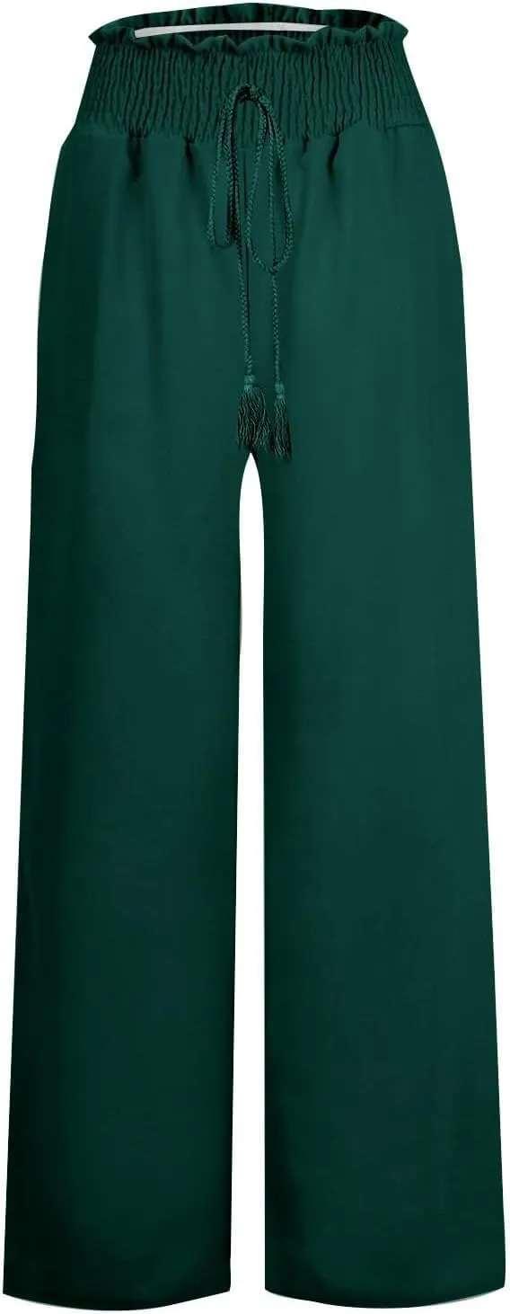 Women's High Waist Wide Leg Lounge Trouser Casual Beach Palazzo Pants Summer Vacation Leisure Pant with Pockets