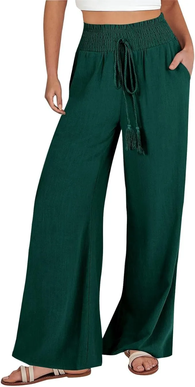 Women's High Waist Wide Leg Lounge Trouser Casual Beach Palazzo Pants Summer Vacation Leisure Pant with Pockets