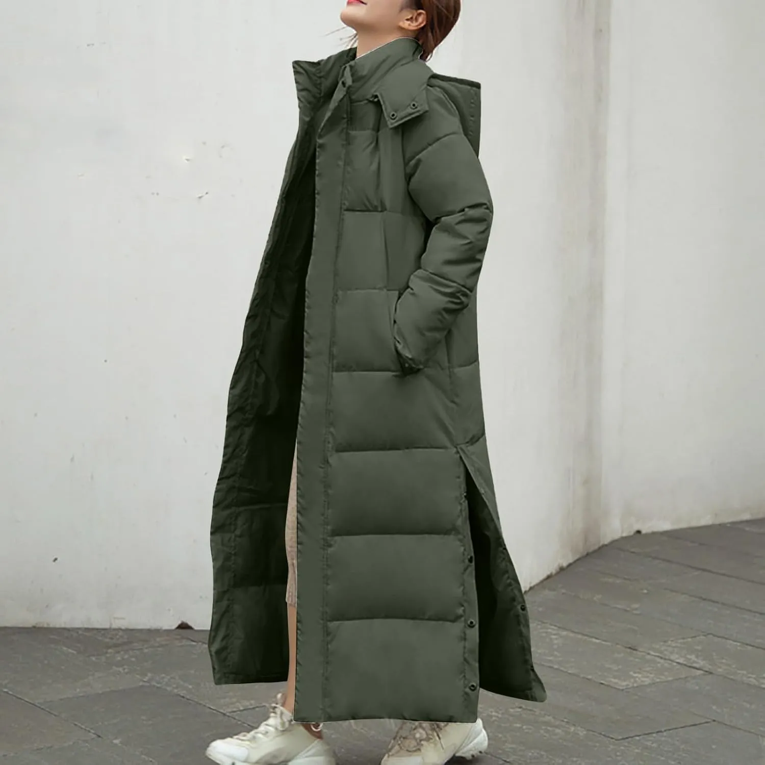 Womens Hooded Long Down Jacket Thickened Maxi Parka Puffer Coat Side Pockets Button Split Zipper Quilted Outerwear