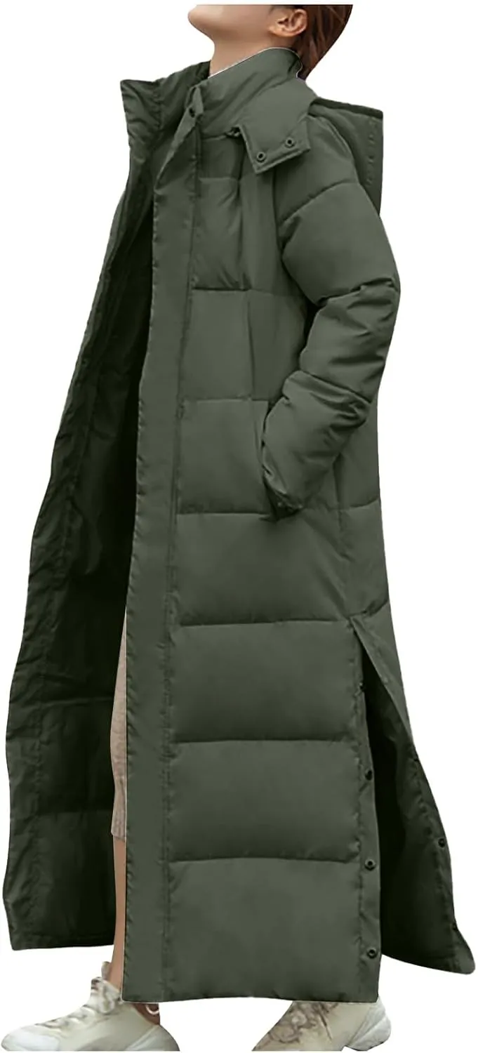 Womens Hooded Long Down Jacket Thickened Maxi Parka Puffer Coat Side Pockets Button Split Zipper Quilted Outerwear