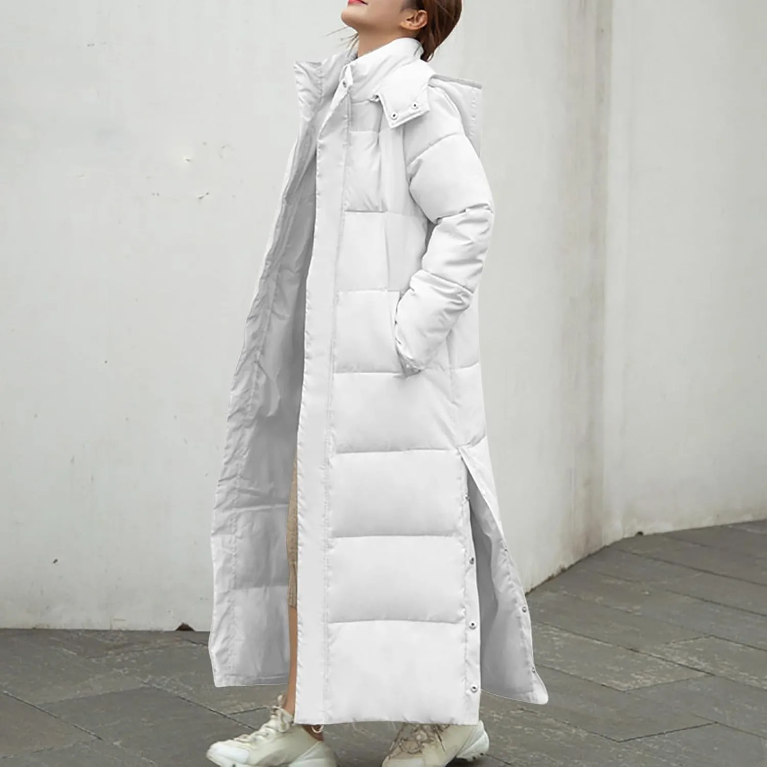 Womens Hooded Long Down Jacket Thickened Maxi Parka Puffer Coat Side Pockets Button Split Zipper Quilted Outerwear