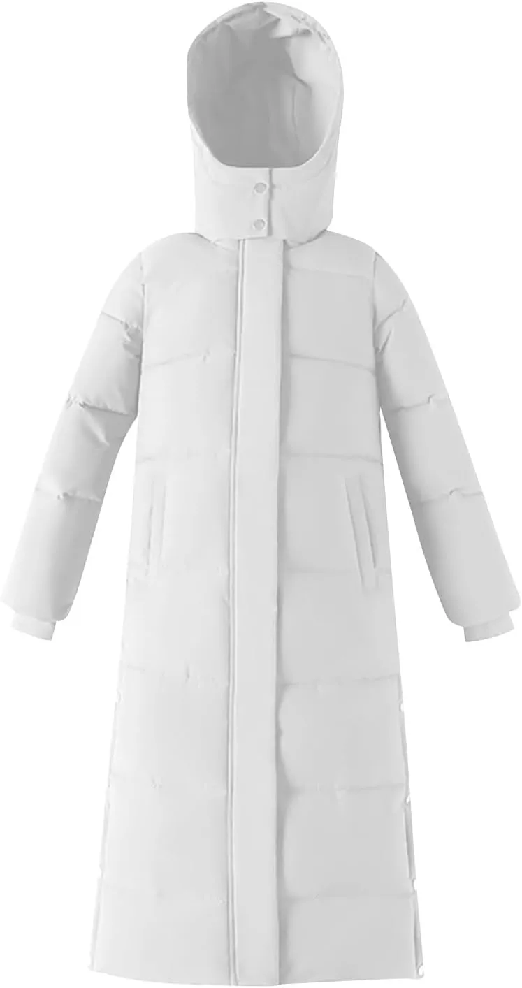 Womens Hooded Long Down Jacket Thickened Maxi Parka Puffer Coat Side Pockets Button Split Zipper Quilted Outerwear