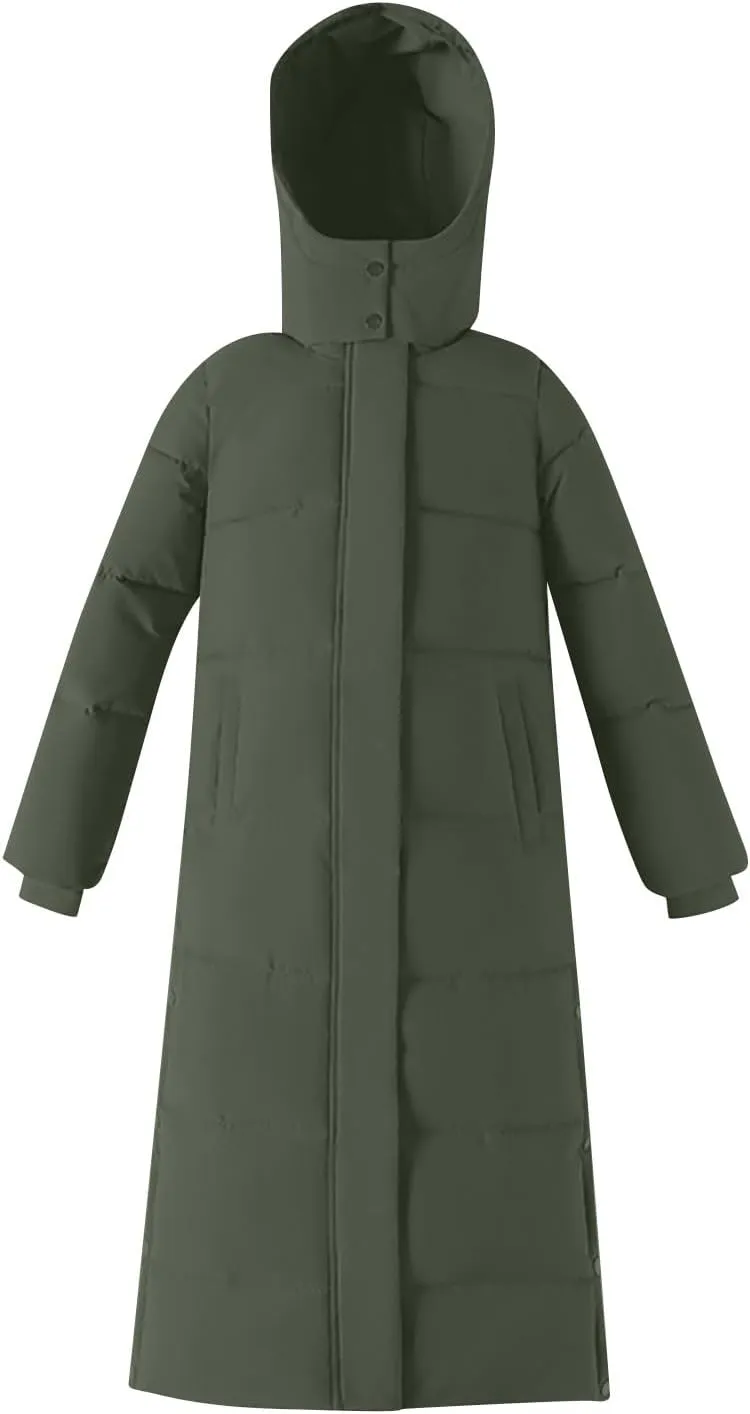 Womens Hooded Long Down Jacket Thickened Maxi Parka Puffer Coat Side Pockets Button Split Zipper Quilted Outerwear