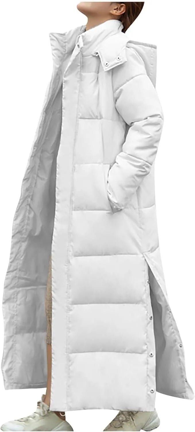 Womens Hooded Long Down Jacket Thickened Maxi Parka Puffer Coat Side Pockets Button Split Zipper Quilted Outerwear