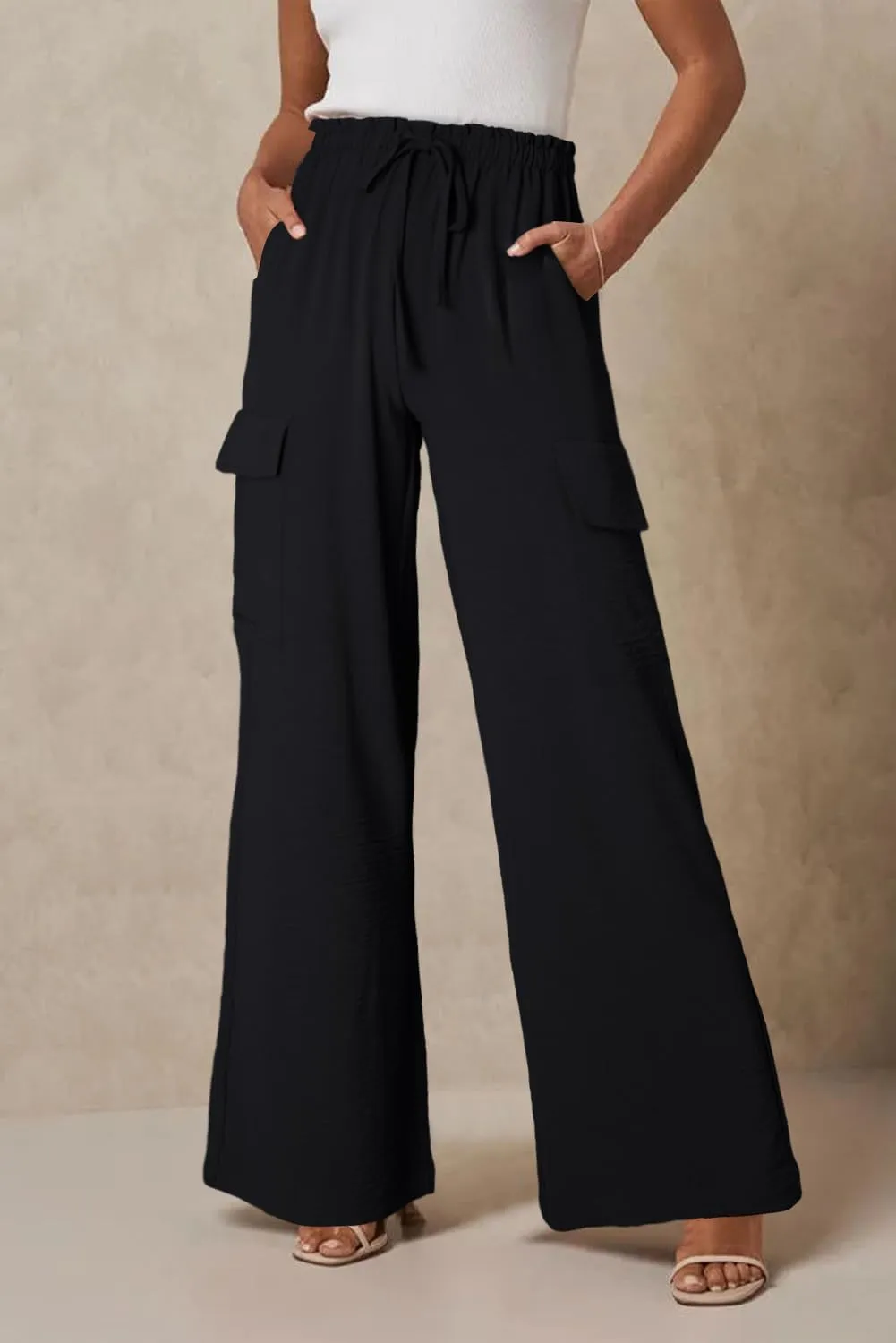 Womens Linen Pants Casual High Waist Wide Leg Drawstring Frilled Trousers with Pocket
