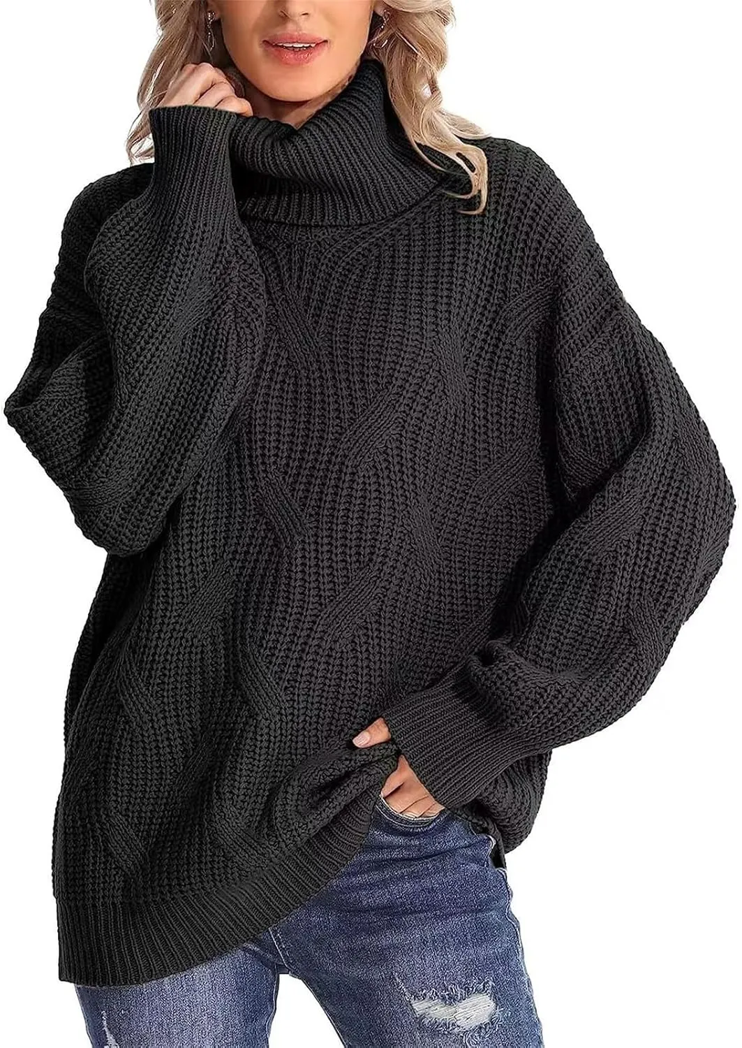 Womens Mock Turtleneck Sweaters Oversized Cable Twists Knit Fall Sweater 2023 Trendy Fashion Winter Pullover Tops