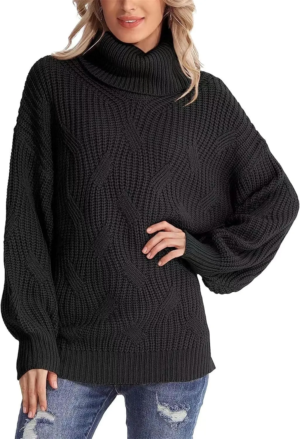 Womens Mock Turtleneck Sweaters Oversized Cable Twists Knit Fall Sweater 2023 Trendy Fashion Winter Pullover Tops