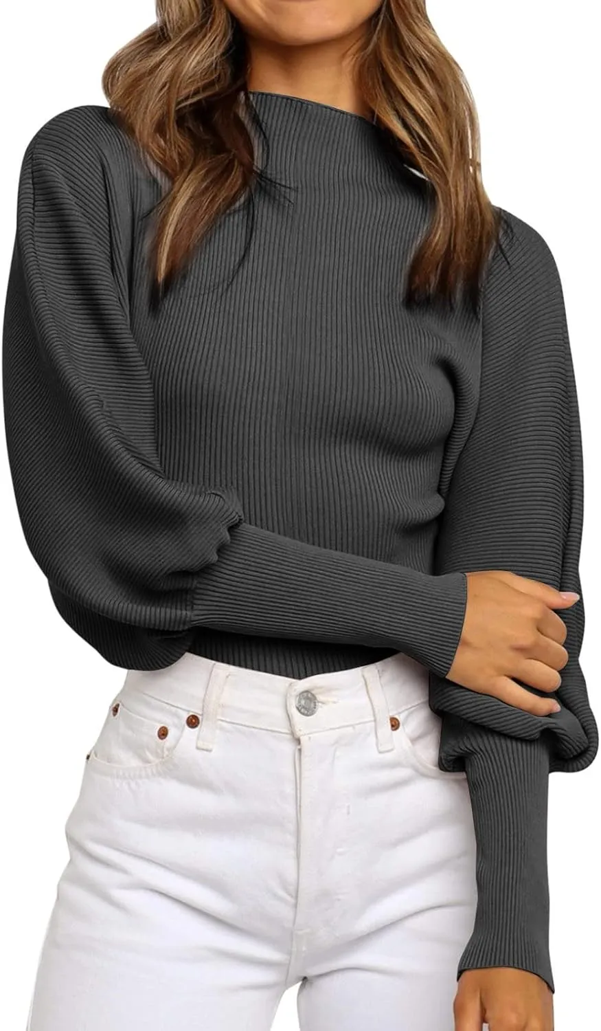Women's Oversized Pullover 2023 Fall Sweaters Turtleneck Collar Solid Oversized Ribbed Knit Pullover Sweater (Black, M)