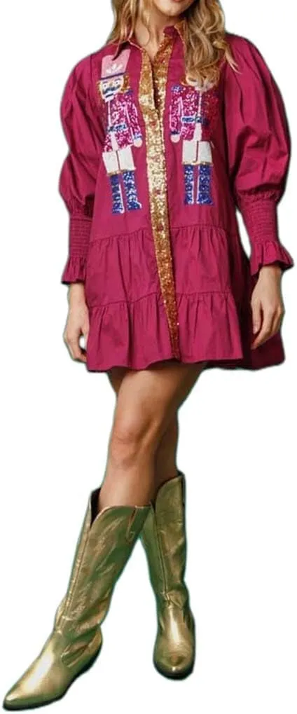 Womens Sequin Christmas Costume Nutcracker Shirt Dress Sparkle Holiday Santa Cocktail Sweatshirt Sweater Mini Dress