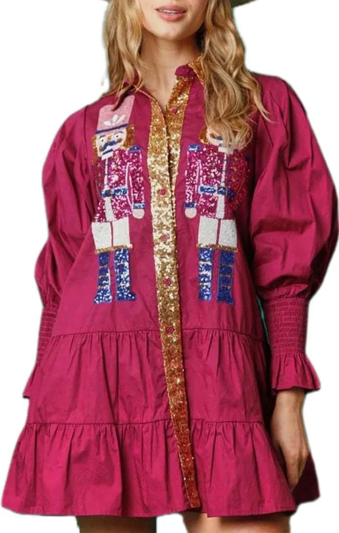Womens Sequin Christmas Costume Nutcracker Shirt Dress Sparkle Holiday Santa Cocktail Sweatshirt Sweater Mini Dress