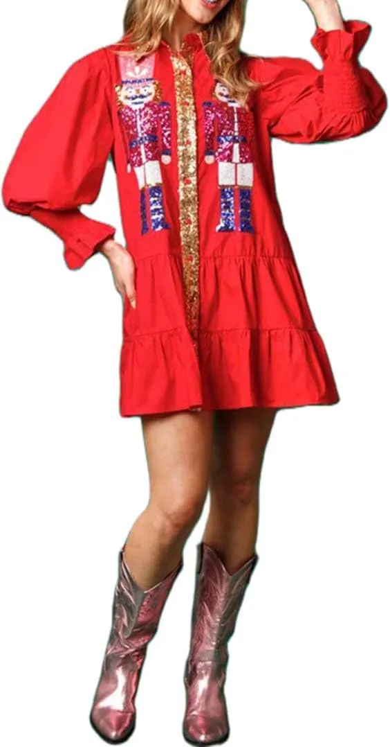 Womens Sequin Christmas Costume Nutcracker Shirt Dress Sparkle Holiday Santa Cocktail Sweatshirt Sweater Mini Dress