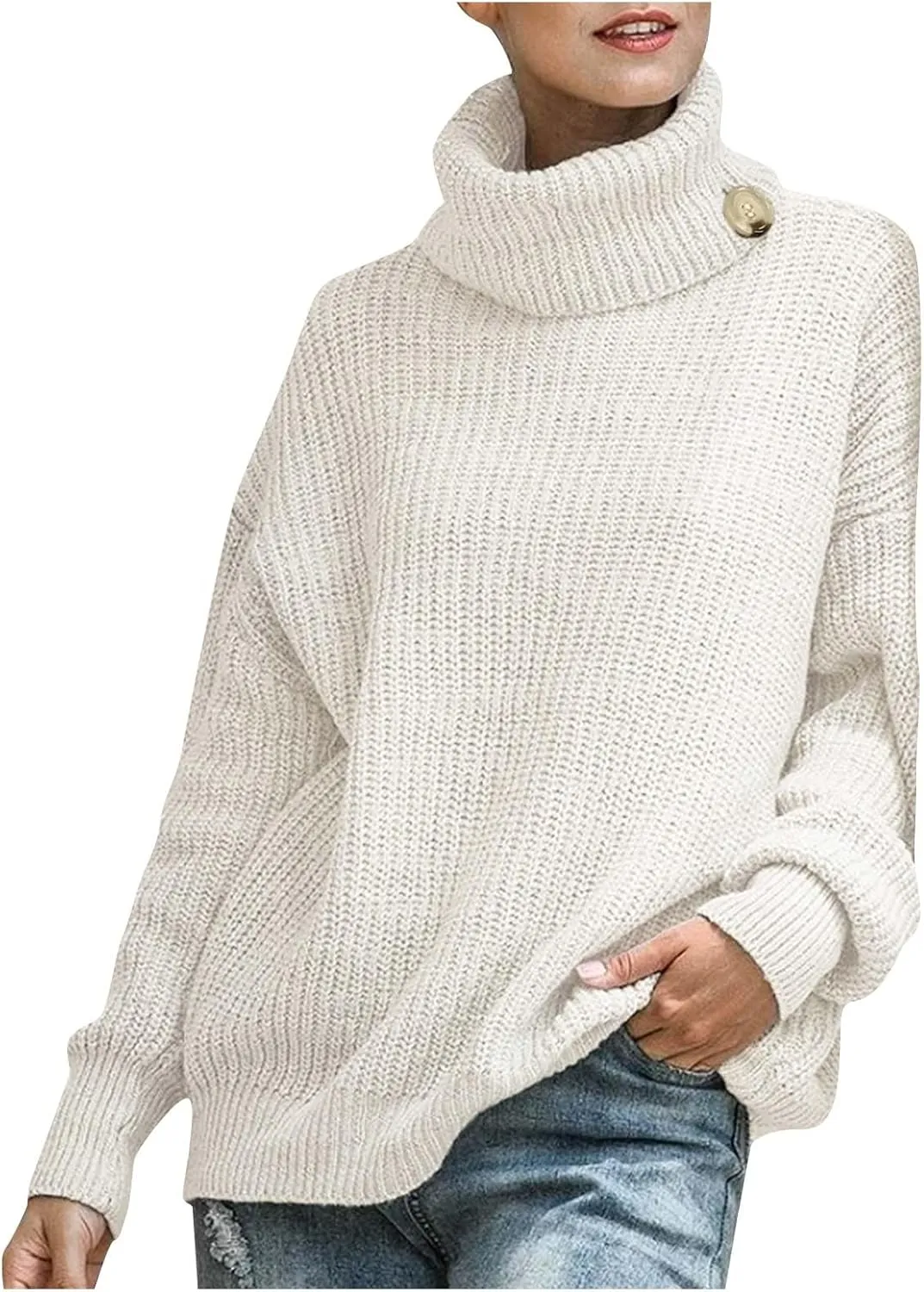 Women's Turtleneck Oversized Sweaters 2024 Fall Lantern Sleeve Casual Cozy Baggy Tunic Pullover Sweater Knit Tops
