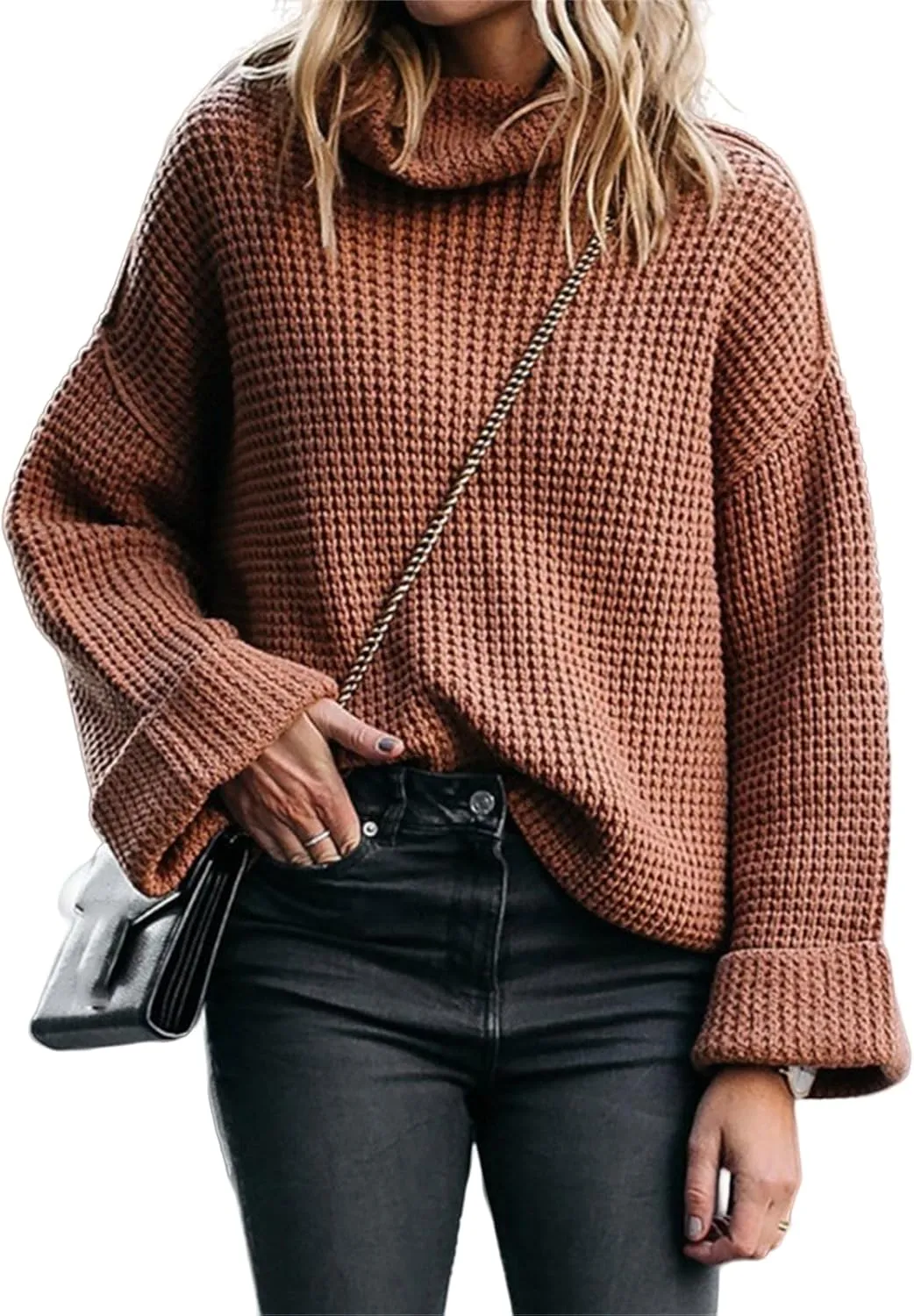 Women's Turtleneck Sweaters Oversized Lightweight Long Sleeve Pullover Loose Fit Chunky Knit Jumper Waffle Tops