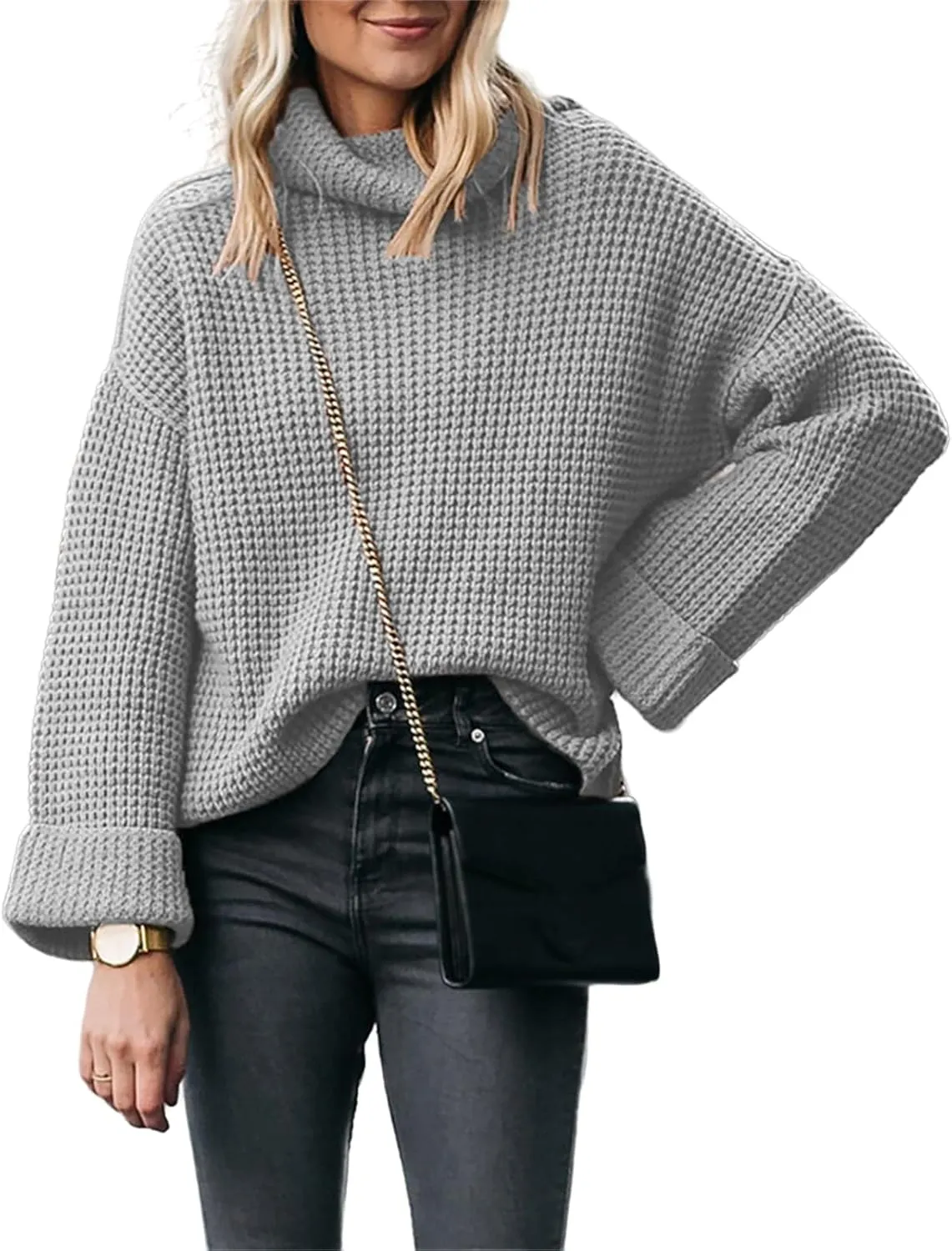 Women's Turtleneck Sweaters Oversized Lightweight Long Sleeve Pullover Loose Fit Chunky Knit Jumper Waffle Tops