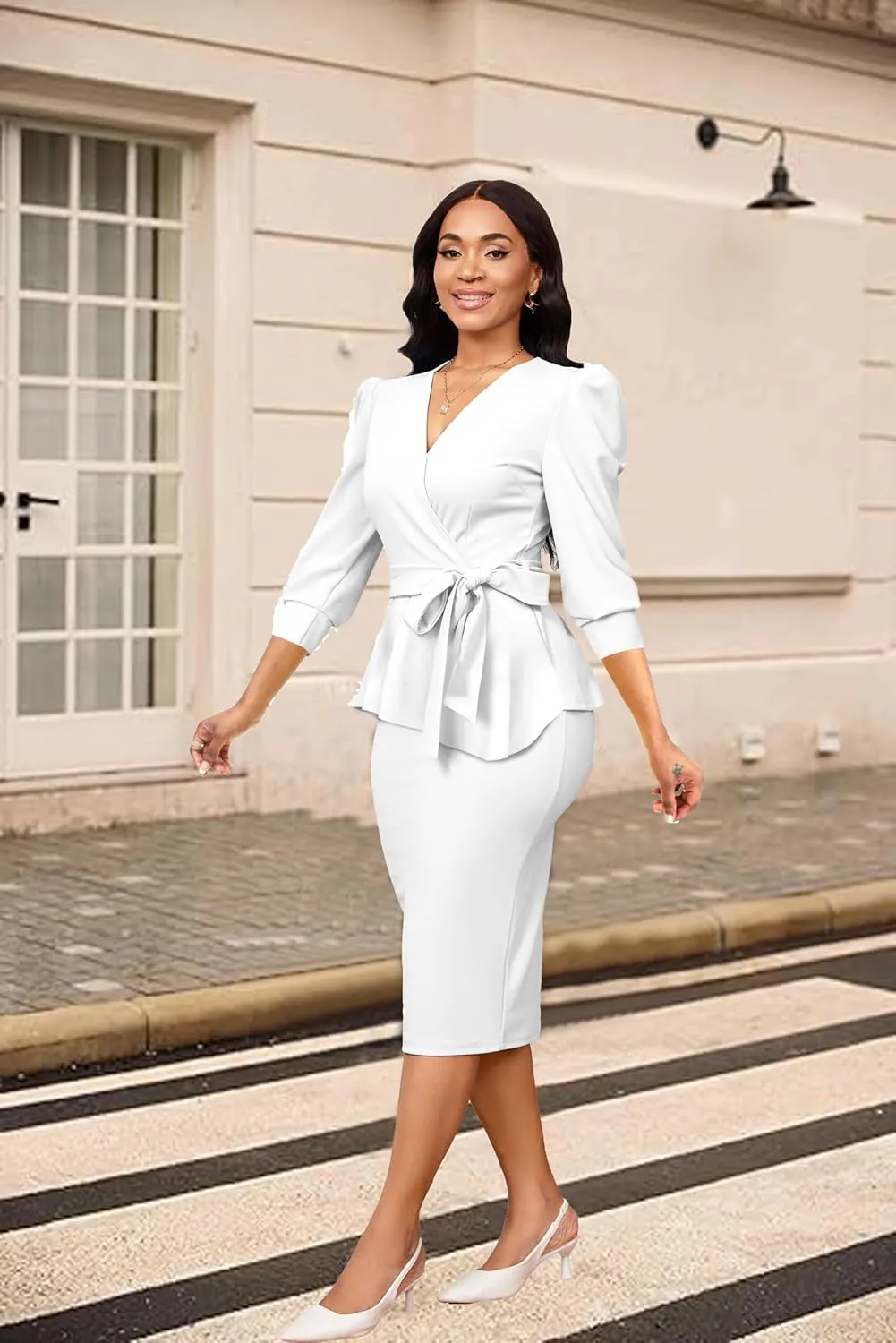 Yiershu Church Dresses for Women 2025 Sexy V-Neck 3/4 Sleeve Peplum Business Dress for Women