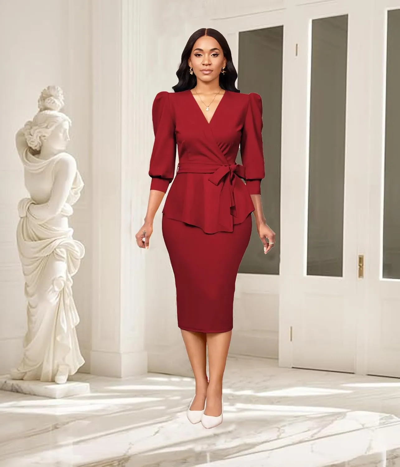 Yiershu Church Dresses for Women 2025 Sexy V-Neck 3/4 Sleeve Peplum Business Dress for Women