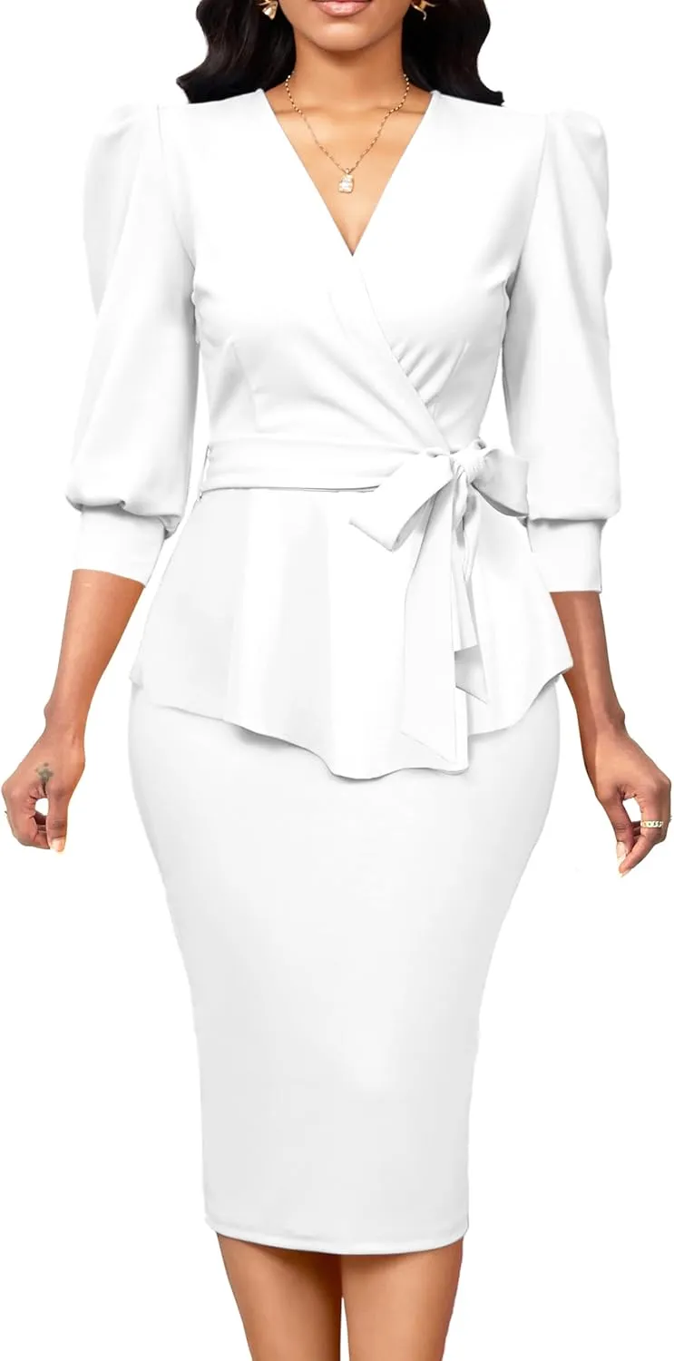 Yiershu Church Dresses for Women 2025 Sexy V-Neck 3/4 Sleeve Peplum Business Dress for Women