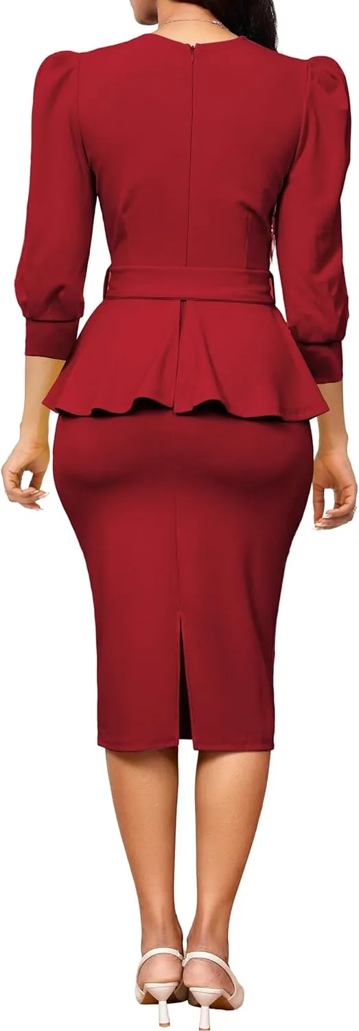 Yiershu Church Dresses for Women 2025 Sexy V-Neck 3/4 Sleeve Peplum Business Dress for Women