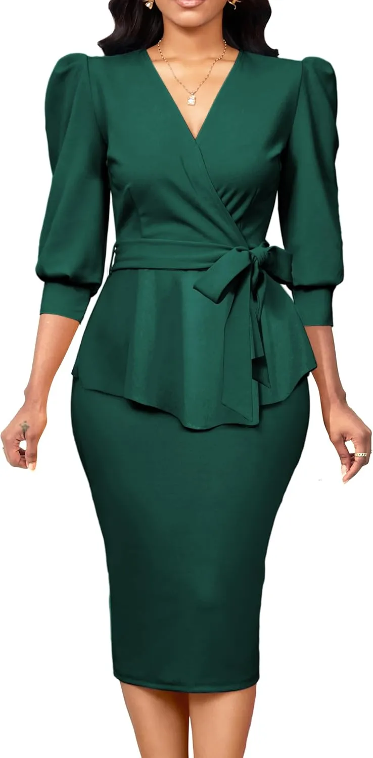 Yiershu Church Dresses for Women 2025 Sexy V-Neck 3/4 Sleeve Peplum Business Dress for Women