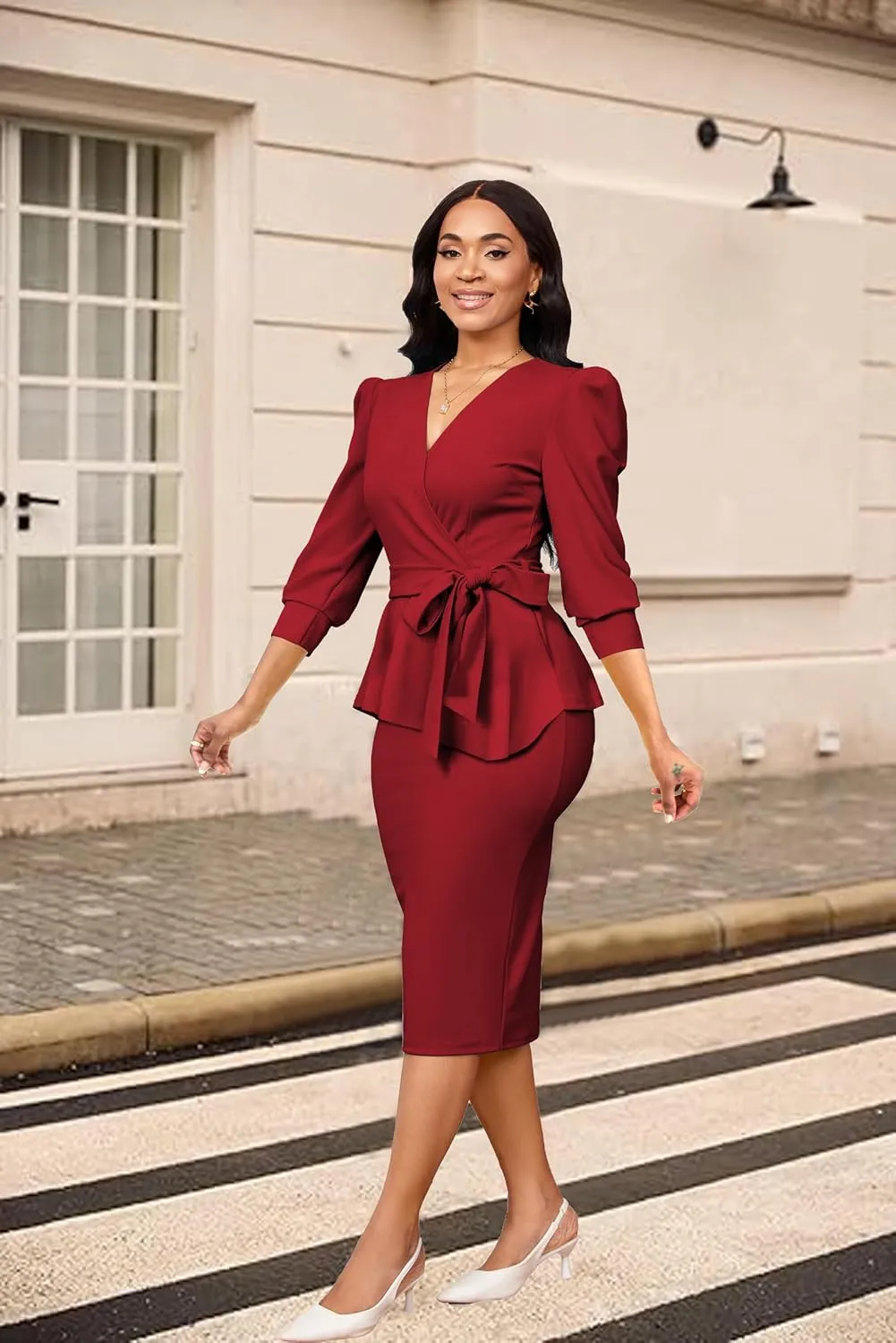 Yiershu Church Dresses for Women 2025 Sexy V-Neck 3/4 Sleeve Peplum Business Dress for Women
