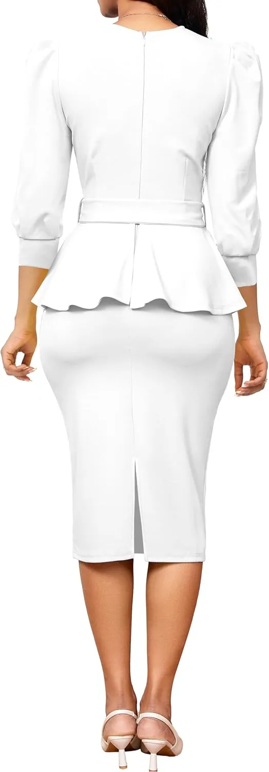 Yiershu Church Dresses for Women 2025 Sexy V-Neck 3/4 Sleeve Peplum Business Dress for Women